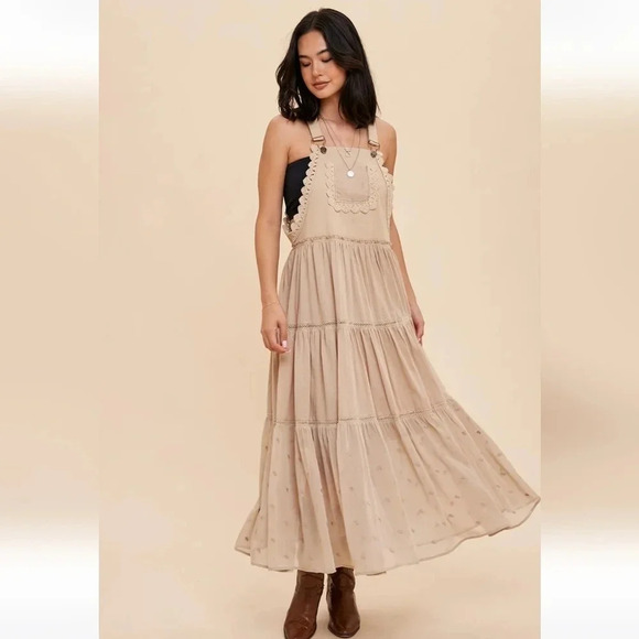 Khaki Embroidered Skirtall Overall Jumper Midi Dress - Picture 5 of 5